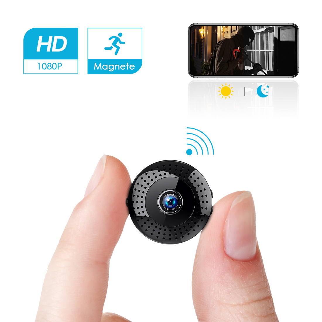 Mini telecamera spia HD 1080P Wi-Fi con rilevamento del movimento, fissaggio magnetico, monitoraggio diurno e notturno e visualizzazione da remoto tramite smartphone